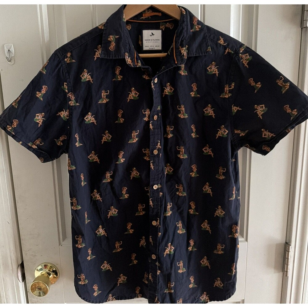 RICKY SINGH Men’s Slim Fit Hawaiian Hula Girl Button Shirt Men's M
